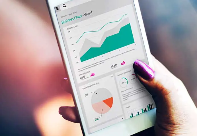 woman viewing web analytics on her cell phone