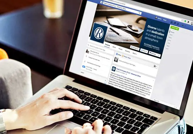 SocialMedia-AccountManagement-659x456-1 client viewing the Rudd&Co Facebook page managed by Big Storm in Bozeman, MT