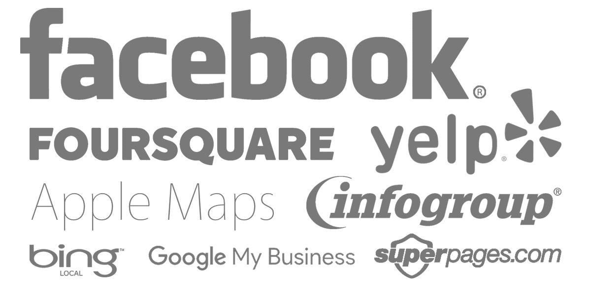 local citation logos including Facebook, Foursquare, Yelp, Apple Maps, Infogroup, Bing Local, Google My Business, and Superpages
