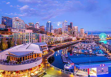 sunset view of Pier 66 in Seattle, Washington