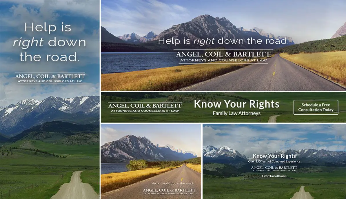 Facebook advertisements for Angel Coil & Bartlett, reading "Help is right down the road" and "know your rights"