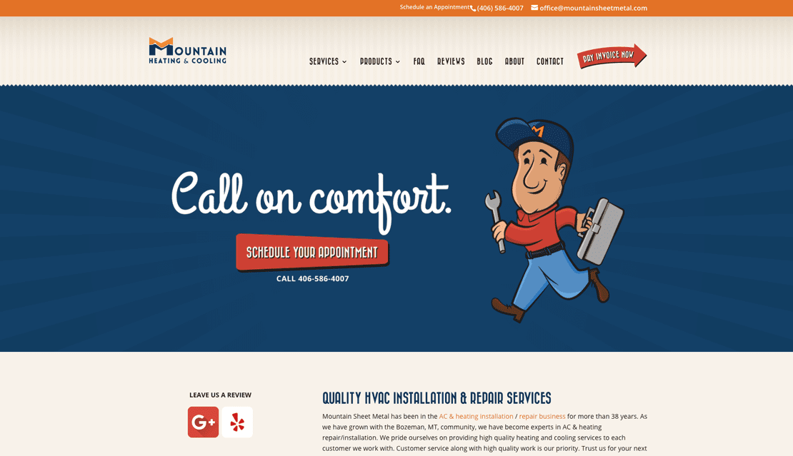 screenshot of the homepage from the Mountain Heating & Cooling website
