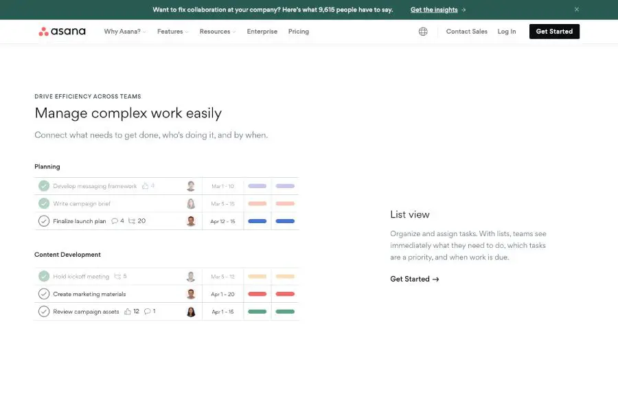 Asana interactive homepage task list example
