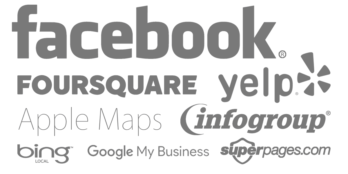 local citation logos including Facebook, Foursquare, Yelp, Apple Maps, Infogroup, Bing Local, Google My Business, and Superpages