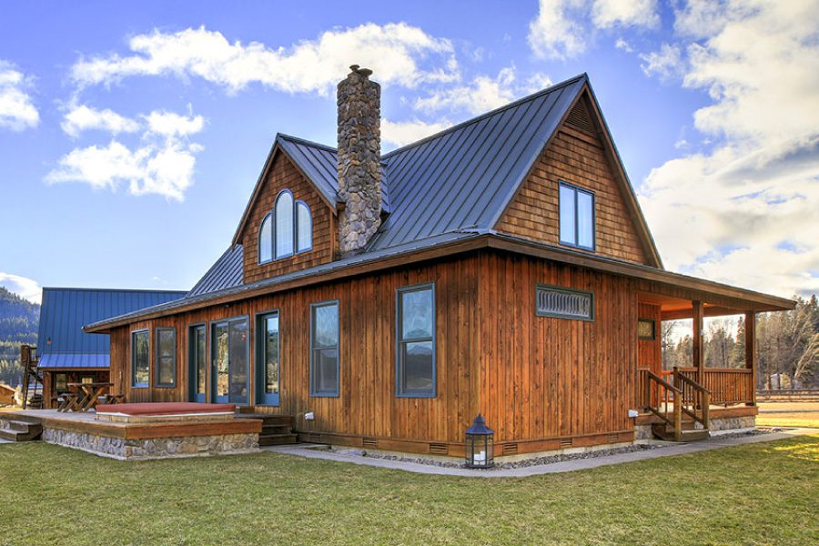 Rustic wood home with metal roofing