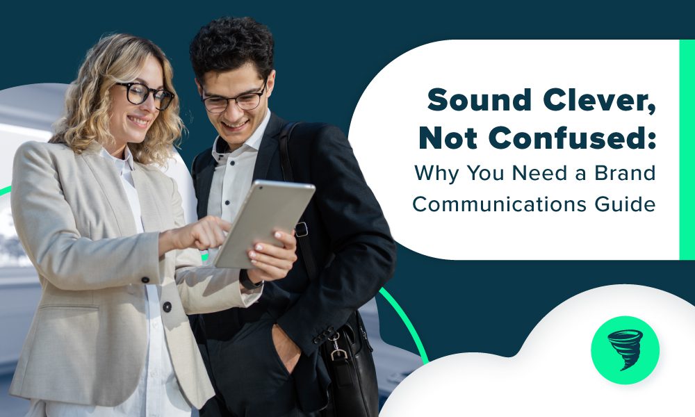 Sound Clever, Not Confused: Why You Need a Brand Communications Guide. Coworkers looking at communications guide on tablet