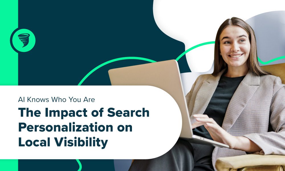 Business owner on laptop with AI - "AI Knows Who You Are: The Impact of Search Personalization on Local Visibility"